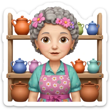 cartoon Apple iOS emoji style rural elderly woman, chubby face, short gray curly hair, flowery blouse, colorful apron, big expressive eyes, pastel colors, Chilean wooden kitchen background, clay pots, warm light, detailed and clean vector art sticker