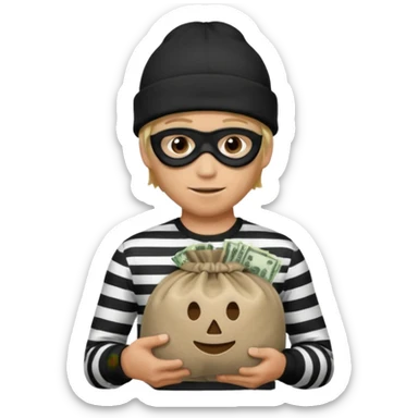 Man with mask and black beanie with black and white striped shirt tan skin blond hair holding a moneybag sticker