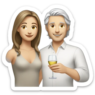 A white woman, she has brown eyes and blond medium long hair. A white man, he has blue eyes and grey hair. They toast to each other with a glass of white wine. sticker