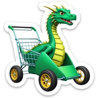Special race car whose frame and suspension is made of shopping cart material with a large rear spoiler is being professionally steered driven by a small thin dragon  sticker