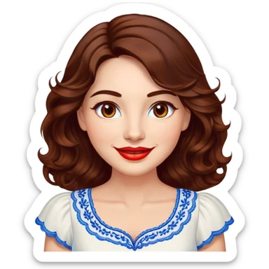 Professional woman at 40 with bright complexion, round face, big lively light brown eyes, wide friendly smile, vibrant red lips, voluminous wavy dark brown hair to shoulders, white summery dress with blue embroidery and electric blue neckline sticker