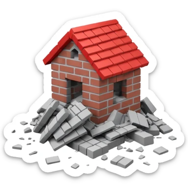 3D iPhone style emoji of a pile of bricks, roof pieces, and wall rubble, scattered and broken, isolated on white background, soft shadows, high detail, playful and cute sticker