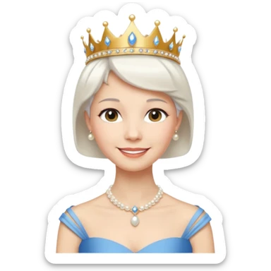 Queen with white short hair – gold tiara, pearl necklace, elegant gown, blue dress sticker