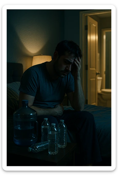 A cinematic scene of a man in his 30s sitting on the edge of his bed at night, clearly tired and frustrated. On his nightstand are several empty water bottles and a large reusable water jug, suggesting excessive hydration. A dim lamp casts soft shadows in the room, and the door to the bathroom is open with light spilling out — symbolizing repeated nightly visits. The man holds his head in one hand, while the other rests on his abdomen, eyes heavy with fatigue. The atmosphere is quiet and introspective. Cool color grading with deep blues and pale yellows enhances the nighttime mood. Style: 35mm cinematic realism, with attention to emotional detail and ambient lighting sticker