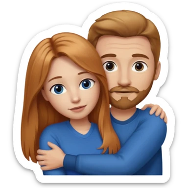 girlfriend with long dark strawberry blonde hair middle part with brown eyes giving hug to man with blue eyes, dark blonde hair and facial hair sticker