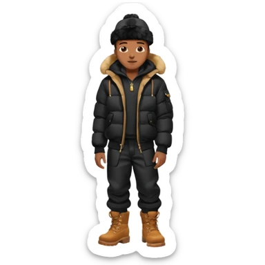 Handsome Black grown man with brown skin tone, wear black joggers, a black bubble coat with a fur brim on the hood, and buckwheat timberland boots sticker
