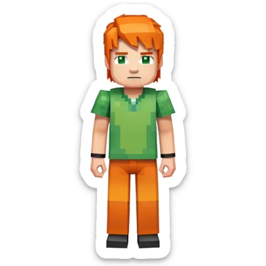 Minecraft Alex character full body with orange hair and green outfit, pixelated blocky style sticker