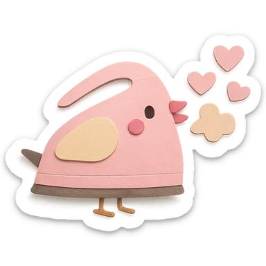 kawaii electric iron bird puffing steam hearts, blushing, soft pastel pink, full-body sticker