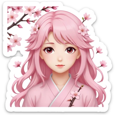 A Gorgeous Beautiful Anime Lady Sakura Cherry Blossom and Pretty Hair, pastelcore aesthetic, pastel pink and white sticker
