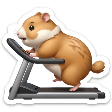 fat hamster big belly trying to run on treadmill sideways desperately trying to catch up with speed sticker