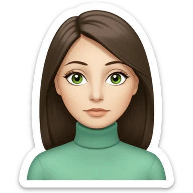 43 year old Adult woman avatar, light skin tone, long, oval face, long straight ashy brown hair, green almond-shaped eyes with dramatic eyelashes and minimal eyeliner, neutral mouth, medium straight eyebrows, average nose, smooth skin,  mint green turtle neck  sticker