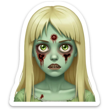zombie girl with pale green skin, visible wounds, long blonde hair with straight bangs, dead eyes sticker