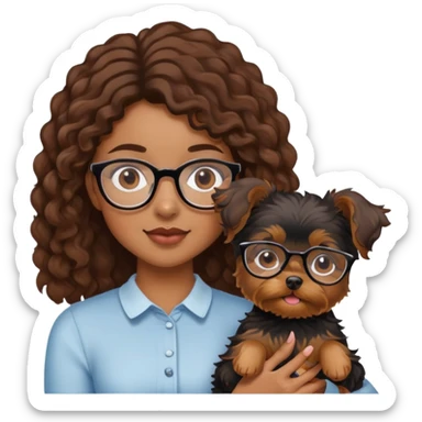 Young woman with brown curls and eyeglasses holding a small yorkie dog sticker