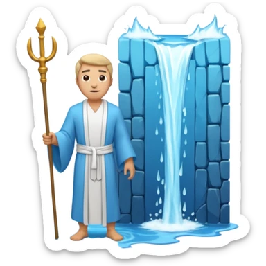 iOS-style 3D emoji: wide blue sea split into two towering water walls, dry path in the middle, Moses standing at the center holding a staff upright sticker