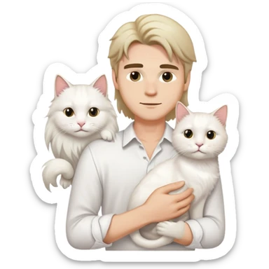 A young handsome Caucasian man in a white shirt holds a long-haired white cat sticker