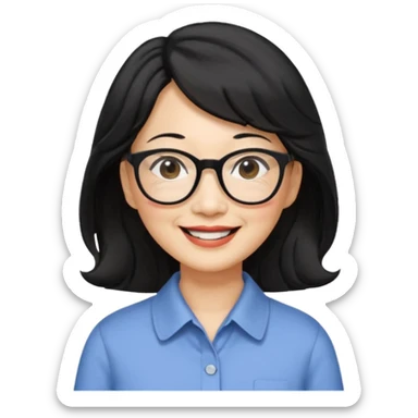 60 yr old asian woman, wavy thick black hair past shoulder length, side part, side swept bang, big smile, collared shirt, long hair, glasses sticker
