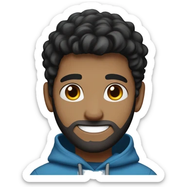 A cheerful young male digital avatar with light skin, large brown eyes, black classic hair, medium beard ,  a bright smile, and a mole on the left cheek, wearing a blue hoodie. sticker