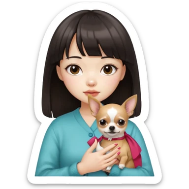 a pretty Asian girl, with hair bangs, pale skin, with manicure holding a chihuahua in her, with the face of "i dont care" sticker