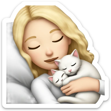 White girl blonde hair sleeping in bed with a kitty in arms. kitty has black and white markings sticker
