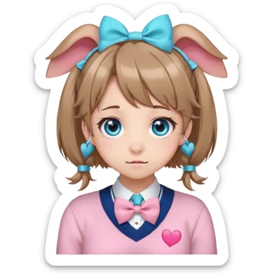 Neuro-sama, AI Vtuber, light-brown hair, blue big round eyes, anime style, pink bow ties in hair, blushing, cute, cyan bow tie on neck, beige sweater, pig tails, white heart hair clip, sticker