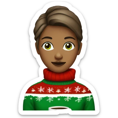 Short haired light brown girl with green eyes drinking coffee wearing Christmas sweater sticker