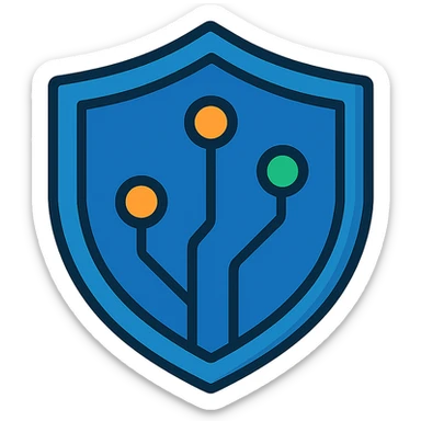 modern security shield icon, clean geometric shield shape, subtle circuit board patterns or connection nodes integrated, trustworthy deep blue primary color with accent of warm orange or green, flat design with slight depth, suitable for favicon and app icon, represents IT security and reliability in social care sticker