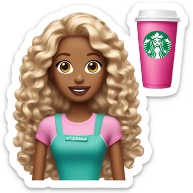 Barbie girl with brown and blonde long curly hair holding Pink starbucks refresher sticker