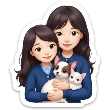 Cute asain girl with a cute smile, long dark brown wavy hair, straight bangs covering forehead, pink blushy cheeks. Wearing a cute navy blue cardigan,. Cuddling a white kitten and dashund puppy  sticker
