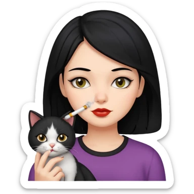 Girl with black hair smoking with her cat sticker