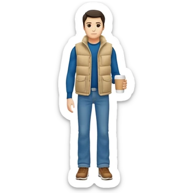 full body man with plain puffy winter vest with no pockets over long sleeved shirt wearing straight levi boot cut levi blue jeans with no cuffs and tennis shoes holding coffee mug in his hand sticker