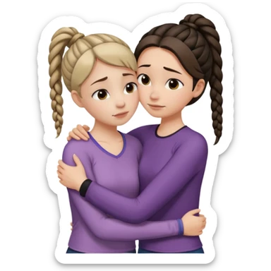 Comforting Hug two white skin women, one shorter woman with medium brown simple top ponytail, not braided, and one taller skinny sad face woman with a single long black side braid sticker