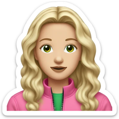 white girl with green eyes and long wavy hair with a pink quarter zip up jacket sticker