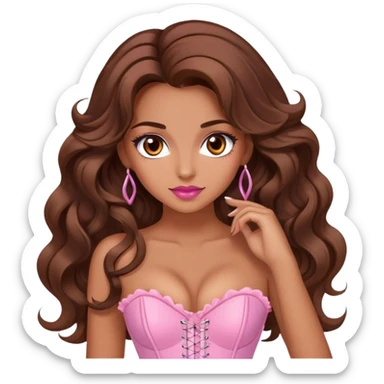 Une femme à la peau mat et aux cheveux long, châtain et ondulé. Elle a les yeux marron et elle est maquiller, elle porte un corset rose.  sticker