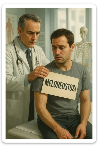 A realistic, cinematic illustration set in a bright, modern medical office. A middle-aged doctor in a white lab coat with a serious expression is shown gently placing a large paper label on the shoulder of a male patient sitting on the examination table. The label has the word 'Meloreostosi' written on it, symbolizing the act of labeling the patient with his rare bone condition. The patient looks confused and slightly disheartened, wearing a simple t-shirt with part of his arm exposed, showing subtle signs of bone thickening or deformation associated with melorheostosis. The background includes medical charts and a softly blurred skeleton model, emphasizing the medical setting. The lighting is bright but neutral, conveying a sterile, clinical atmosphere while focusing on the symbolic moment of receiving a diagnosis label. The mood is introspective and slightly heavy, illustrating the emotional weight of being defined by a rare chronic condition in italiano sticker