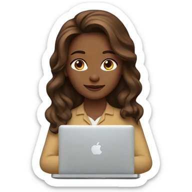 a woman with brown long wavy hair and brown eyes and white skin with macbook sticker