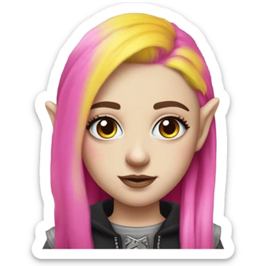 Blue eyed long eye lashes blonde and pink hair pale hime gyaru girl, hot pink and yellow split-dyed hair, nose ring, elf ears, dark makeup, punk clothes sticker