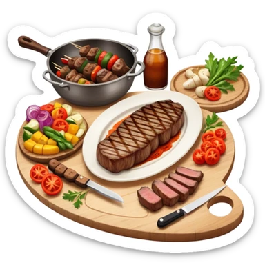 icon featuring a chef’s hat, a cutting board with fresh ingredients, a knife, a beautifully cooked ribeye steak, shashlik skewers, and a plate of food in the making. The design captures the passion of cooking with warm, inviting colors, and realistic textures. Transparent background. sticker