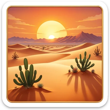 Cinematic Realistic Desert Emoji in a frame, Expansive and arid, with vast stretches of golden sand dunes and scattered cacti, the sun casting a warm, almost orange glow over the dry, cracked earth. The horizon blurs into a heat shimmer, while the occasional desert flower adds a splash of color to the barren landscape. Soft glowing outline, capturing the essence of the harsh yet stunning beauty of the desert, calm and quiet, filled with silence and mystery. sticker