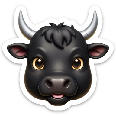 Cinematic Cute Black Bull Portrait Emoji, Head tilted playfully and inquisitively, featuring a glossy, robust black hide with a striking sheen, round, sparkling dark eyes filled with gentle curiosity, Simplified yet irresistibly adorable features, highly detailed, glowing with a warm, friendly glow, high shine, affectionate and imposing, stylized with a touch of rugged charm, bright and endearing, soft glowing outline, capturing the essence of a mischievous yet loving bull, so playful it feels like it could stomp out of the screen and into your arms! sticker