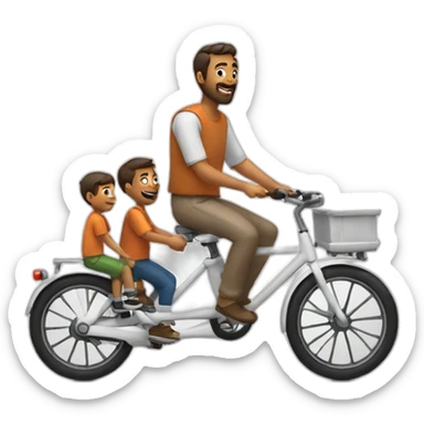 Dad and 3 boys riding a white cargo bike sticker
