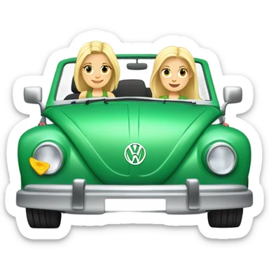 Two Caucasian blonde girls and two Caucasian brunette girls driving a green volkswagen convertible sticker
