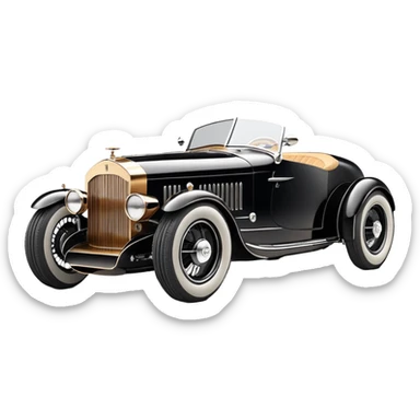 Batgirl’s black Bare bones (fenders removed) chopped streamlined sporty roadster (stripped down) hot street rodded engine sports car 1932 Rolls Royce Woody futuristic electric spaceship motors and lightning dynamos with wide racing wheels that are held strong by advanced suspension and steering sticker