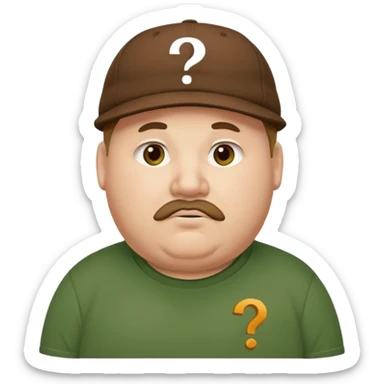 white fat man with brown cap and green t shirt printeed a question mark sticker