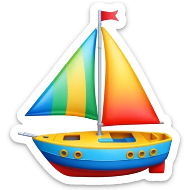 A colorful toy sailboat with a cute smiling face on the bow sticker