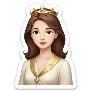 Cinematic Majestic Belle Portrait Emoji, rendered in a clean, vector-style with bold, simplified shapes. Show Belle with a serene, noble expression, fair skin and gracefully styled brown hair, her classic attire refined and understated. The design radiates a majestic, enchanting glow with high shine and a soft glowing outline, embodying royal elegance. sticker