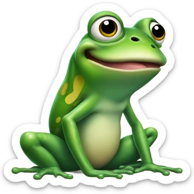 Frog sitting face front on his leg with his tongue whipped out to catch a little fly sticker