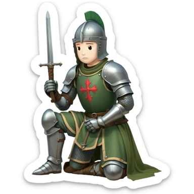 A lone medieval knight in a green worn armor kneels. His helmet is closed, hiding his face, conveying silence, exhaustion and contemplation. A long sword is planted in the ground beside him, its hilt resting near his gloved hands as if he is praying or resting after battle. sticker
