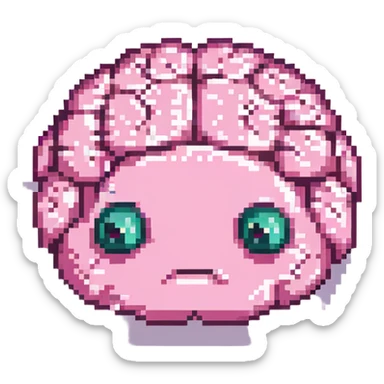 16-bit pixel art of a pink brain-shaped blob with sad droopy eyes and downturned mouth, smooth rounded brain texture, simple retro gaming style sticker