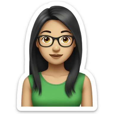 Asian girl with long black hair and glasses wearing green t-shirts sticker