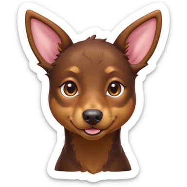 Cinematic Cute Brown and Tan Kelpie Portrait Emoji, Head tilted playfully and inquisitively, featuring a glossy brown Fur with vibrant tan accents, round, sparkling warm eyes filled with curiosity, Simplified yet irresistibly adorable features, highly detailed, glowing with a warm, friendly glow, high shine, affectionate and spirited, stylized with a touch of whimsy, bright and endearing, soft glowing outline, capturing the essence of a mischievous yet loving herder, so playful it feels like it could leap out of the screen and into your arms! sticker